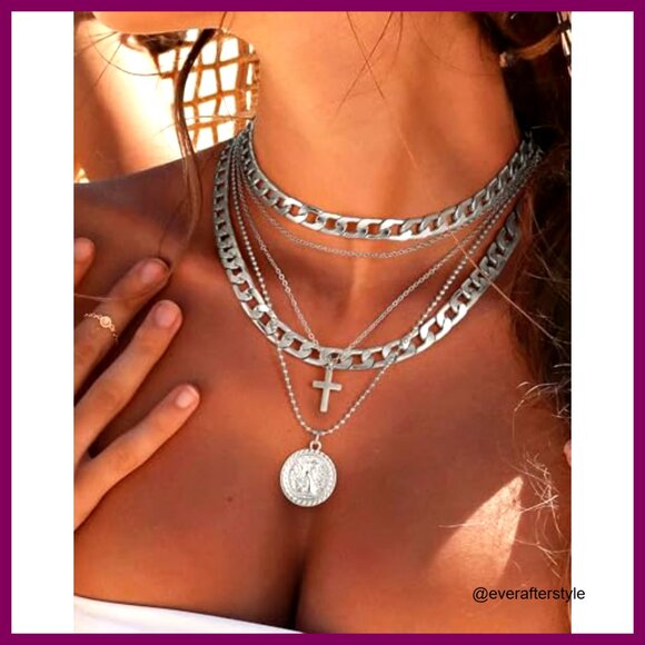 Layered Coin Pendant Necklace Set, Chunky Chain, Alloy Material - Picture 2 of 7